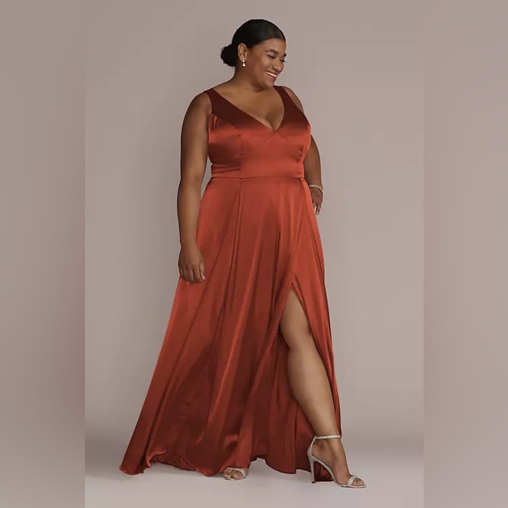 David's Bridal Cinnamon Satin V-Neck Sleeveless A-Line Gown